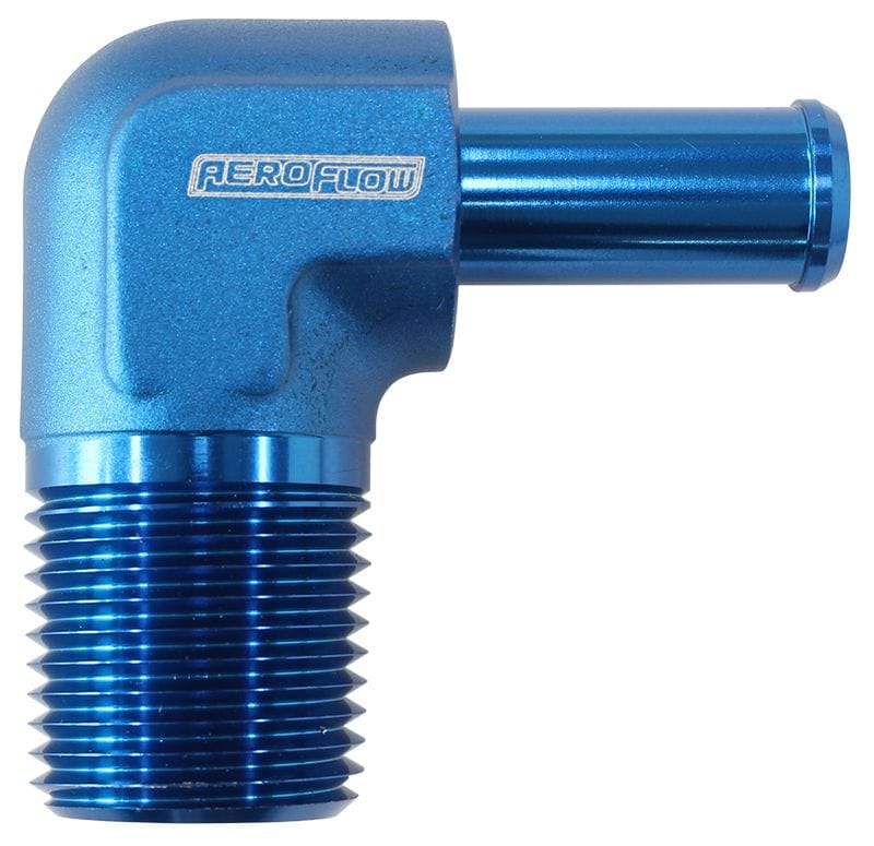 Aeroflow Performance 3/8" NPT to -6 100/450 series Hose, Blue Finish Aeroflow Male NPT to 90 Deg AN Hose Barb AF842-06-06AN SR