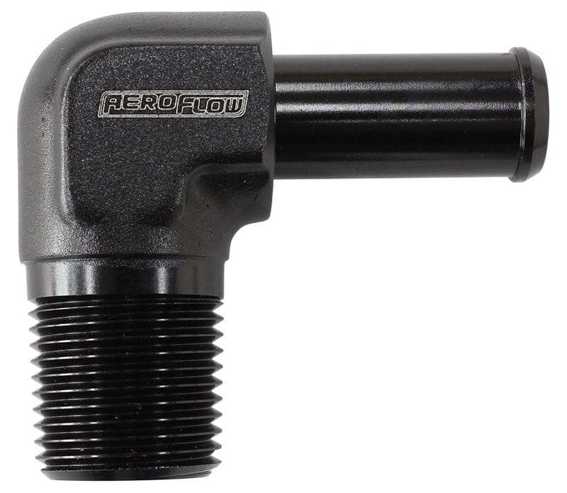 Aeroflow Performance 3/8" NPT to -8 100/450 series Hose, Black Finish Aeroflow Male NPT to 90 Deg AN Hose Barb AF842-08ANBLK SR