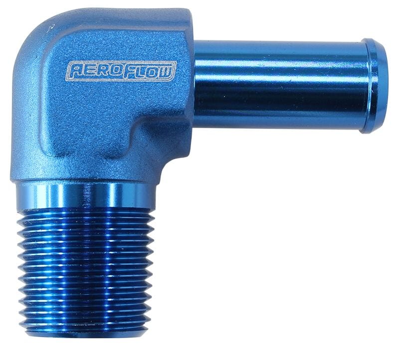Aeroflow Performance 3/8" NPT to -8 100/450 series Hose, Blue Finish Aeroflow Male NPT to 90 Deg AN Hose Barb AF842-08AN SR