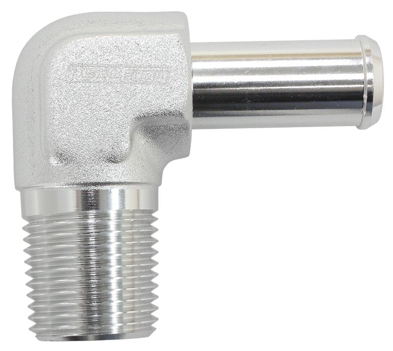 Aeroflow Performance 3/8" NPT to -8 100/450 series Hose, Silver Finish Aeroflow Male NPT to 90 Deg AN Hose Barb AF842-08ANS SR