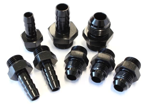 Aeroflow Performance -6 ORB to -6AN x 3, -8 ORB to -8AN, -6 ORB to 3/8" barb x 3, -8 ORB t Aeroflow Replacement Surge Tank Fittings in Black Finish AF59-1016BLK SR