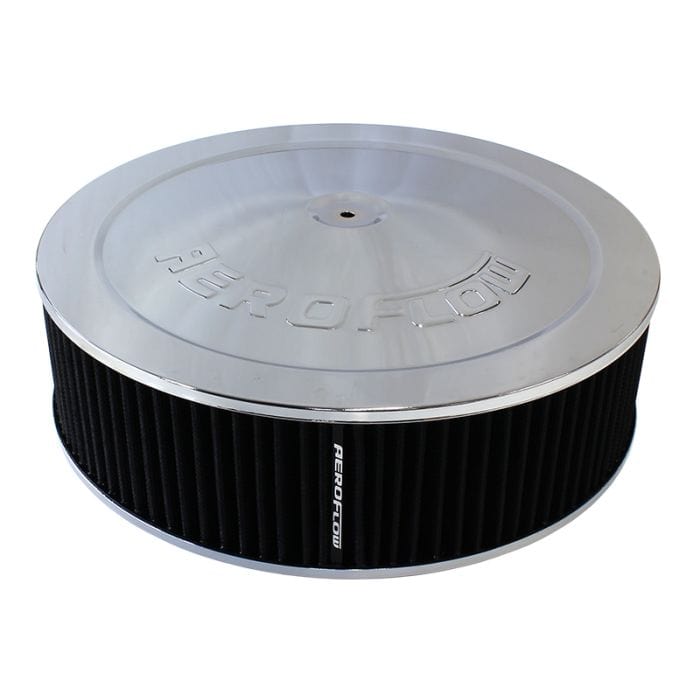 Aeroflow Performance Air Filters AF2851-1290 Chrome Air Filter Assembly
 14" x 4", 5-1/8" neck, 1-1/8" Drop base , black washable cotton element SR