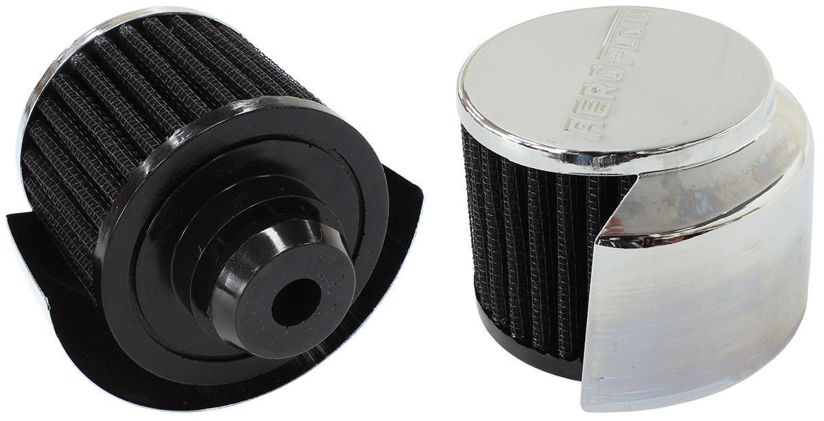 Aeroflow Performance Air Filters AF2871-1516 Chrome Push In Breather With Chrome Shield 
3" (76.2mm) O.D. x 2-1/2" (63.5mm) High, 1-1/2" (25mm) Flange Inside Diameter SR