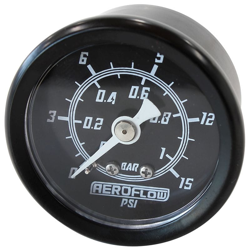 Aeroflow Performance Black Face, White Pointer, 1/8" NPT Male Thread Aeroflow 1-1/2" 15 psi Pressure Gauge AF30-2204 SR