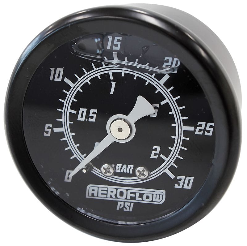 Aeroflow Performance Black Face, White Pointer, 1/8" NPT Male Thread Aeroflow 1-1/2" Liquid Filled 30 psi Pressure Gauge AF30-2208 SR
