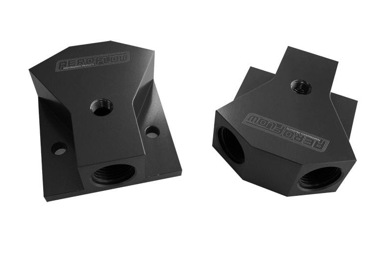 Aeroflow Performance Black Finish. 1 x -10 ORB Port, 2 x -8 ORB Ports Aeroflow Billet Y-Block with 1/8" NPT Port AF453-10-08BLK SR