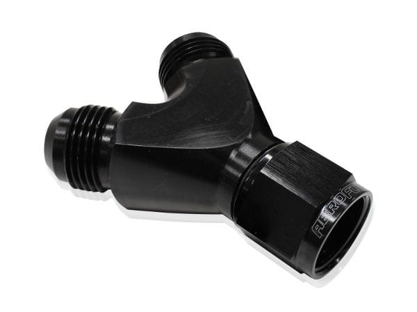 Aeroflow Performance Black Finish. 1 x -12AN Female, 2 x -10AN Male Aeroflow Billet Y-Block with Female Flare AF931-12-10BLK SR