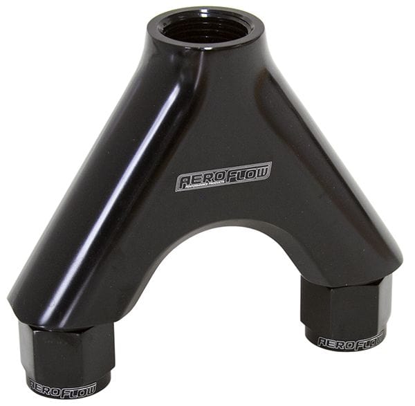 Aeroflow Performance Black Finish. 2 x -8AN Female, 1 x -10AN Male Aeroflow Billet Y-Block with Female Flare AF939-08-10BLK SR