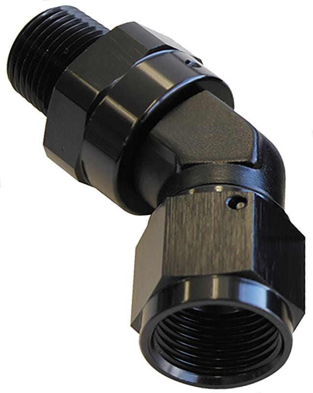 Aeroflow Performance Black Finish Aeroflow 45° NPT Swivel to Male AN Flare Adapter 1/2" to -8AN AF919-08-08BLK SR