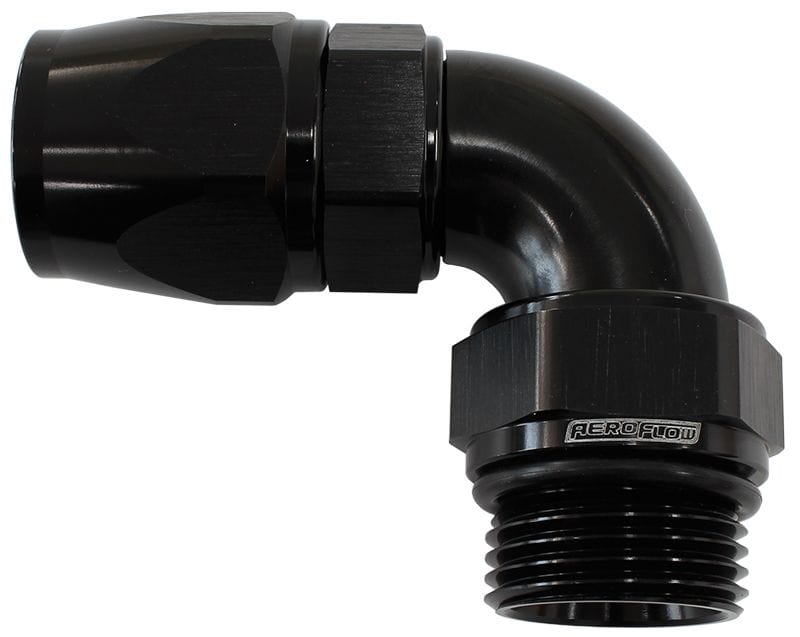 Aeroflow Performance Black Finish Aeroflow 90° ORB Male Swivel PTFE (Teflon®) Hose End -8 ORB to -8AN AF583-08-08DBLK SR