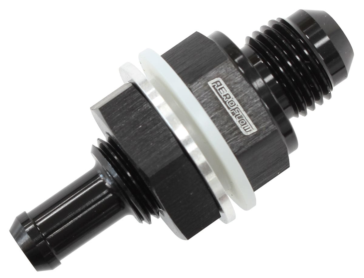 Aeroflow Performance Black Finish Aeroflow Fuel Cell Bulkhead Fitting -8AN to 1/2" Barb AF927-08-08BLK SR