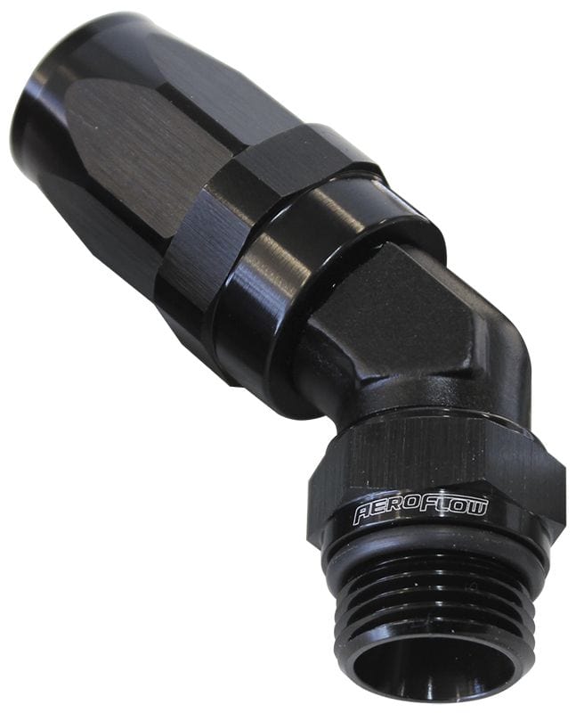 Aeroflow Performance Black Finish. Suit 100 & 450 Series Hose Aeroflow ORB Taper Swivel 45° Hose End -8 ORB to -6AN AF844-06-08BLK SR