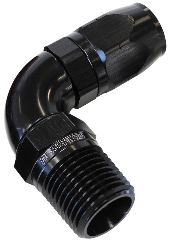 Aeroflow Performance Black Finish. Suits 100 & 450 Series Hose Aeroflow 90° Male NPT Full Flow Swivel Hose End 1/2" to -8AN AF529-08-08BLK SR