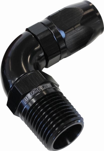 Aeroflow Performance Black Finish. Suits 100 & 450 Series Hose Aeroflow 90° Male NPT Full Flow Swivel Hose End 3/8" to -8AN AF529-08-06BLK SR
