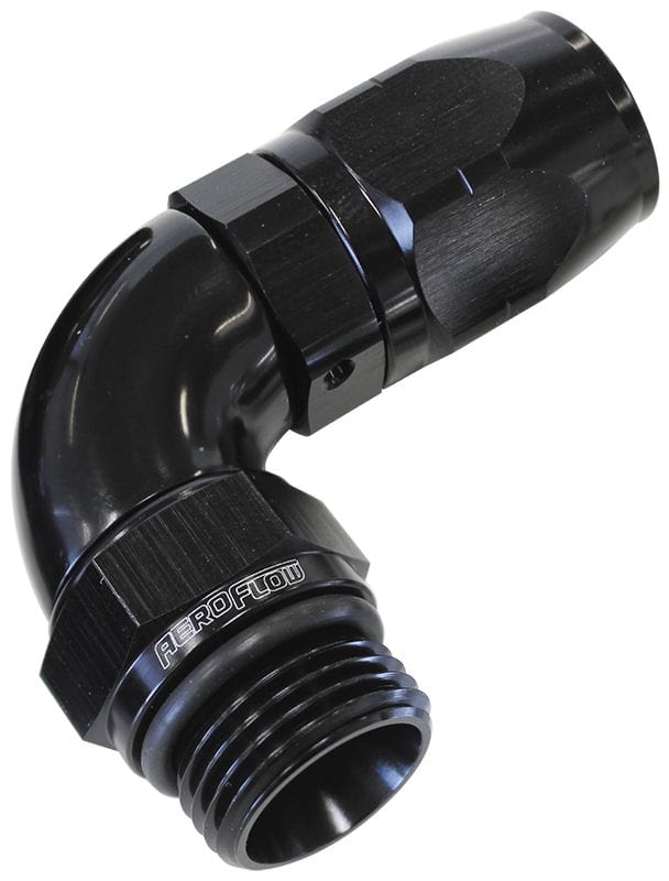 Aeroflow Performance Black Finish. Suits 100 & 450 Series Hose Aeroflow 90° Male ORB Full Flow Swivel Hose End -12 ORB to -16AN AF549-16-12BLK SR