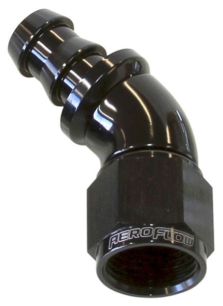 Aeroflow Performance Black Finish. Suits 400 & 500 Series Hose Aeroflow 510 Series Full Flow Tight Radius Push Lock 45° Hose End -8AN AF512-08BLK SR