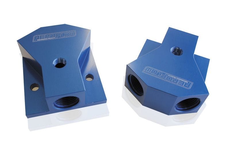 Aeroflow Performance Blue Finish. 1 x -10 ORB Port, 2 x -8 ORB Ports Aeroflow Billet Y-Block with 1/8" NPT Port AF453-10-08 SR