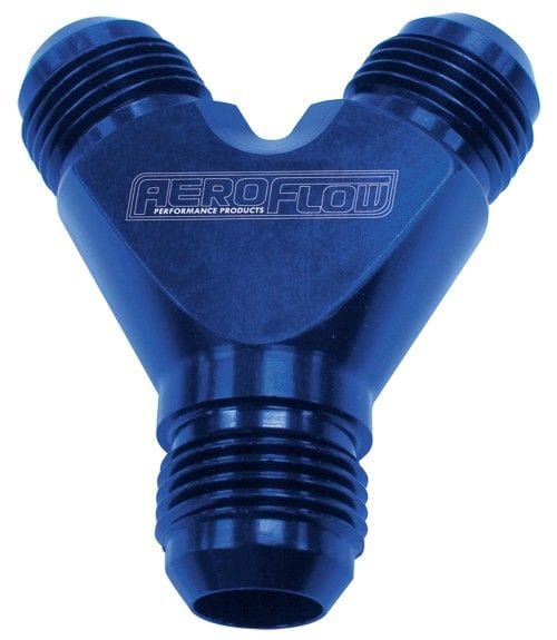 Aeroflow Performance Blue Finish. 1 x -6AN Male, 2 x -4AN Male Aeroflow Billet Y-Block AF930-06-04 SR