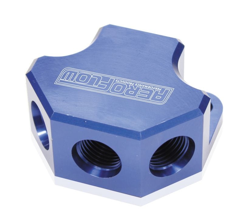 Aeroflow Performance Blue Finish. 3 x -8 ORB Ports, 1 x -10 ORB Port Aeroflow Billet 4 Port ORB Y-Block AF454-10-08 SR