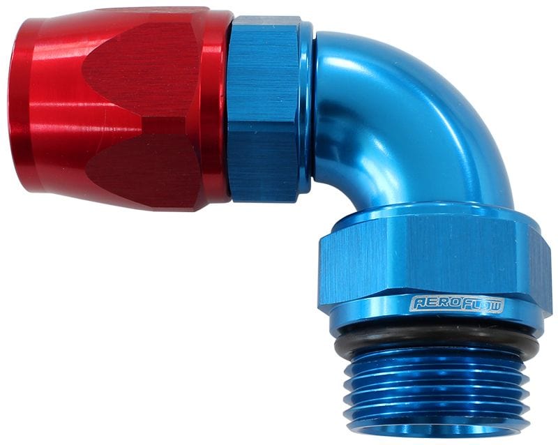 Aeroflow Performance Blue/Red Finish Aeroflow 90° ORB Male Swivel PTFE (Teflon®) Hose End -12 ORB to -12AN AF583-12-12D SR