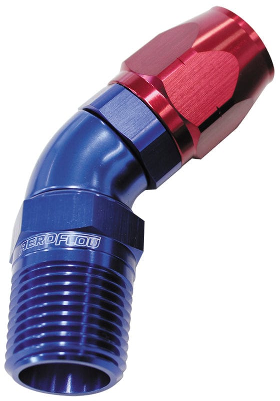 Aeroflow Performance Blue/Red Finish. Suits 100 & 450 Series Hose Aeroflow 45° Male NPT Full Flow Swivel Hose End 1/2" to -8AN AF528-08-08 SR