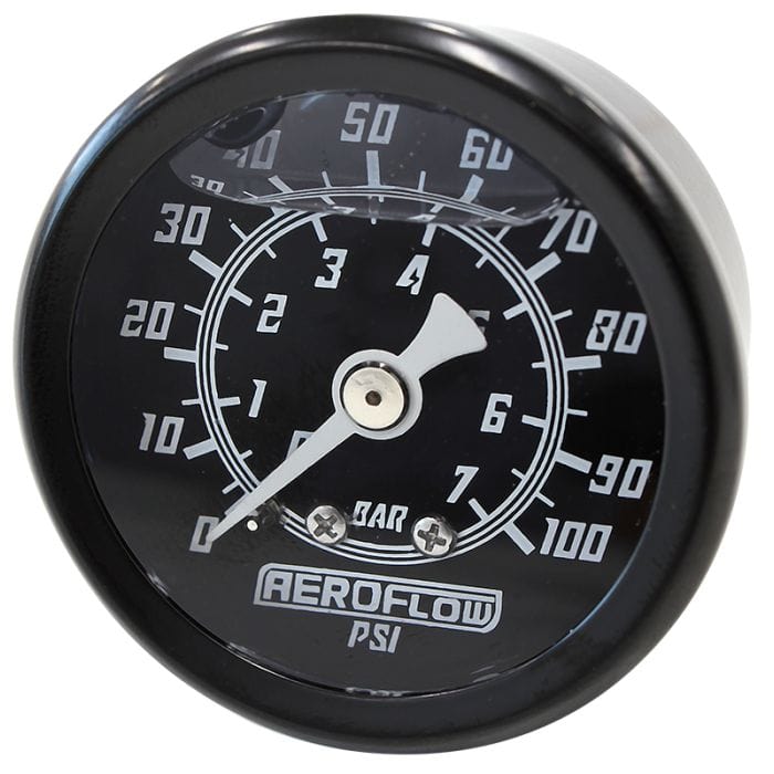 Aeroflow Performance Fuel Systems AF30-2201 1-1/2" Liquid Filled 100 psi Pressure Gauge 
Black Face, White Pointer, 1/8" NPT Male Thread SR