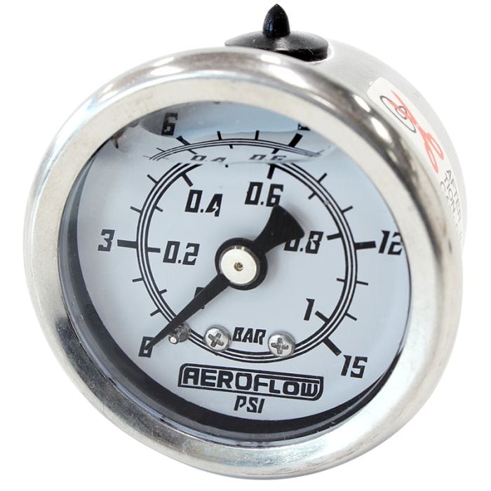 Aeroflow Performance Fuel Systems AF30-2202 1-1/2" Liquid Filled 15 psi Pressure Gauge 
White Face, Black Pointer, 1/8" NPT Male Thread SR