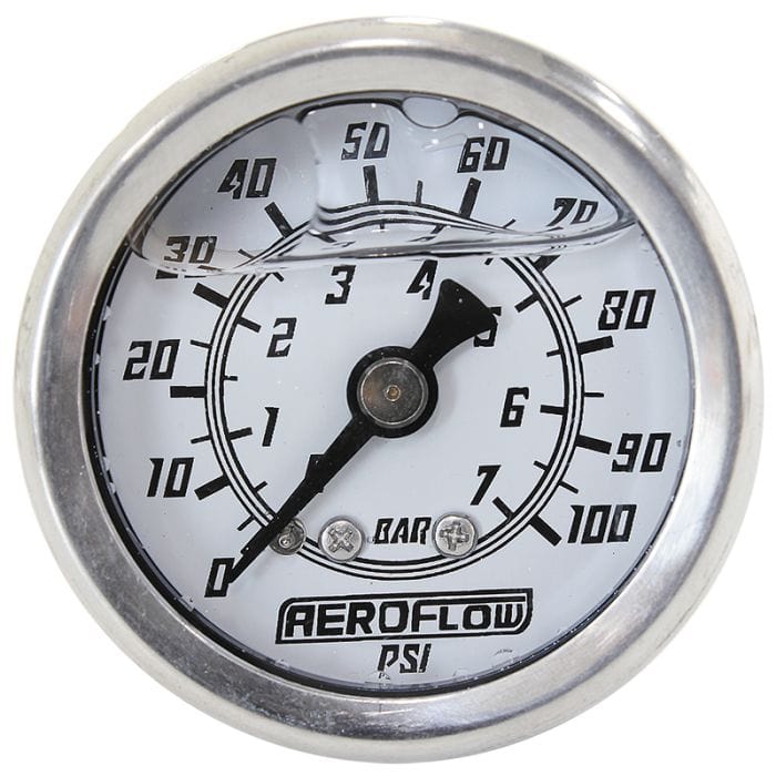 Aeroflow Performance Fuel Systems AF30-2203 1-1/2" Liquid Filled 100 psi Pressure Gauge 
White Face, Black Pointer, 1/8" NPT Male Thread SR