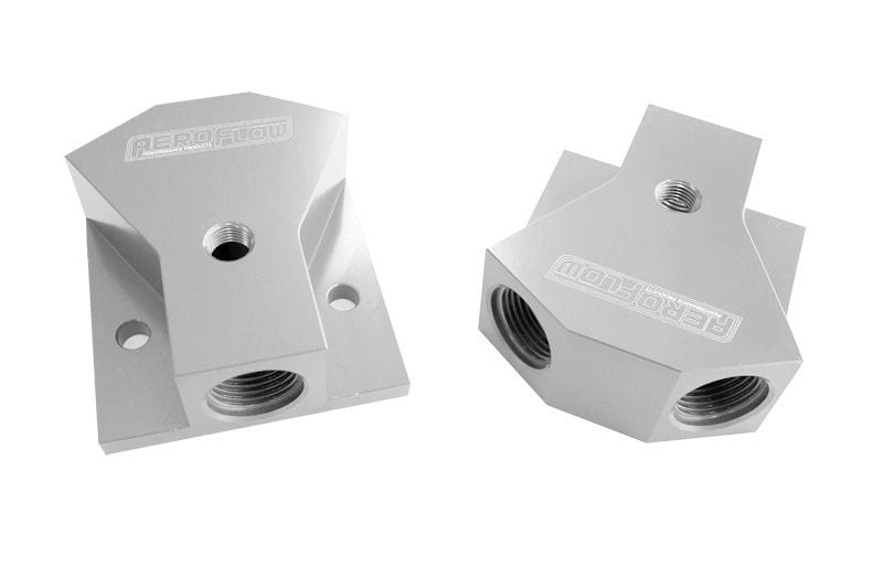 Aeroflow Performance Silver Finish. 1 x -10 ORB Port, 2 x -8 ORB Ports Aeroflow Billet Y-Block with 1/8" NPT Port AF453-10-08S SR