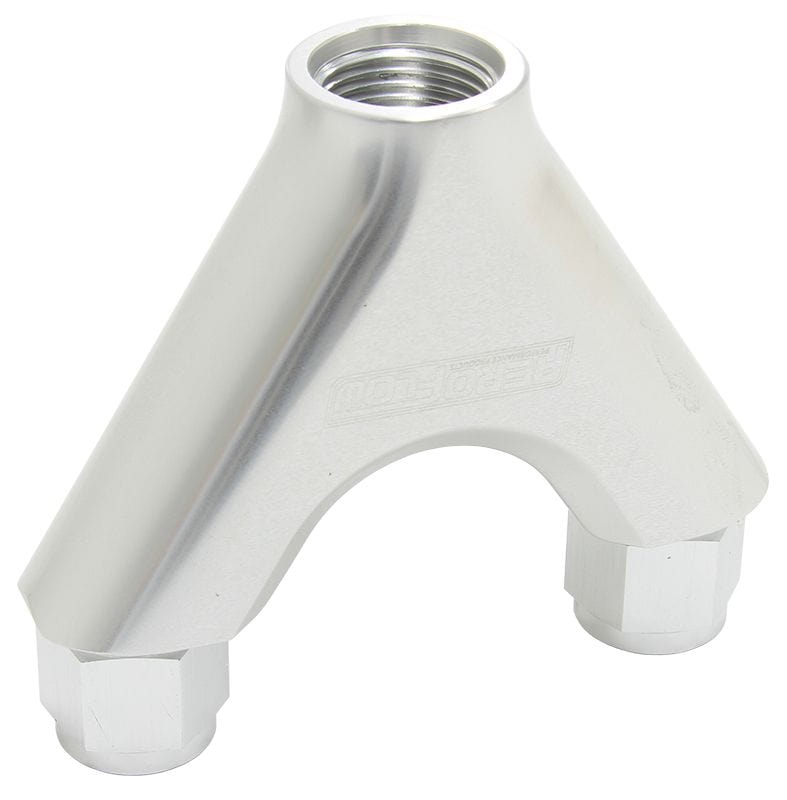 Aeroflow Performance Silver Finish. 2 x -8AN Female, 1 x -10AN Male Aeroflow Billet Y-Block with Female Flare AF939-08-10S SR