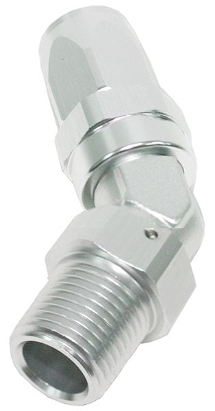 Aeroflow Performance Silver Finish. Suit 100 & 450 Series Hose Aeroflow Male NPT Taper Swivel 45° Hose End 1/4" to -8AN AF828-08-04S SR