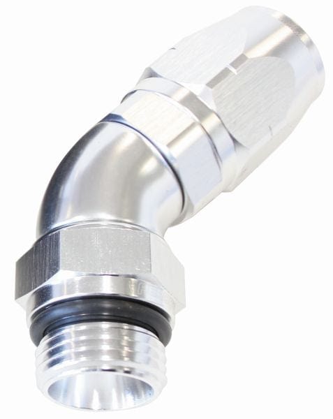 Aeroflow Performance Silver Finish. Suits 100 & 450 Series Hose Aeroflow 45° Male ORB Full Flow Swivel Hose End -6 ORB to -8AN AF544-08-06S SR