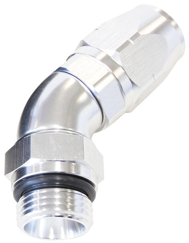 Aeroflow Performance Silver Finish. Suits 100 & 450 Series Hose Aeroflow 45° Male ORB Full Flow Swivel Hose End -8 ORB to -8AN AF544-08-08S SR