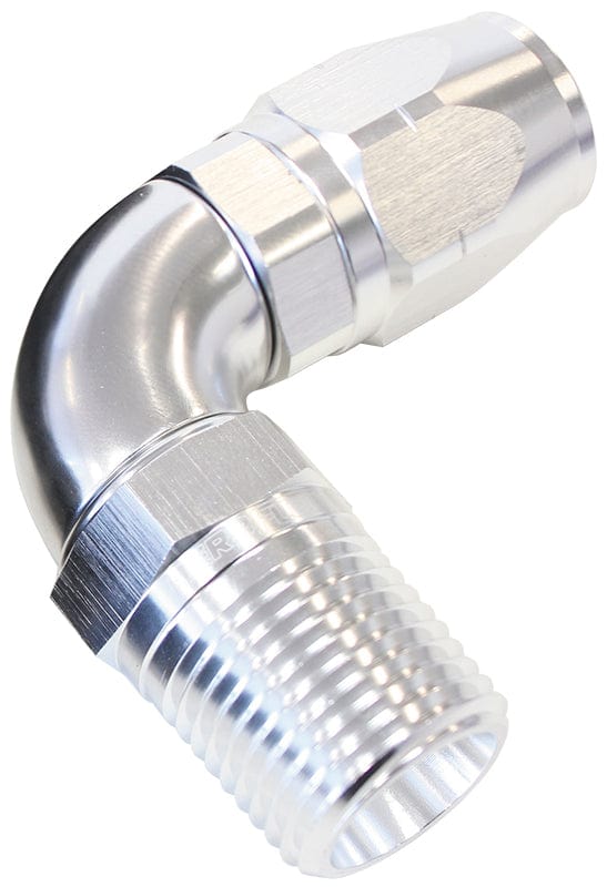 Aeroflow Performance Silver Finish. Suits 100 & 450 Series Hose Aeroflow 90° Male NPT Full Flow Swivel Hose End 1/2" to -8AN AF529-08-08S SR