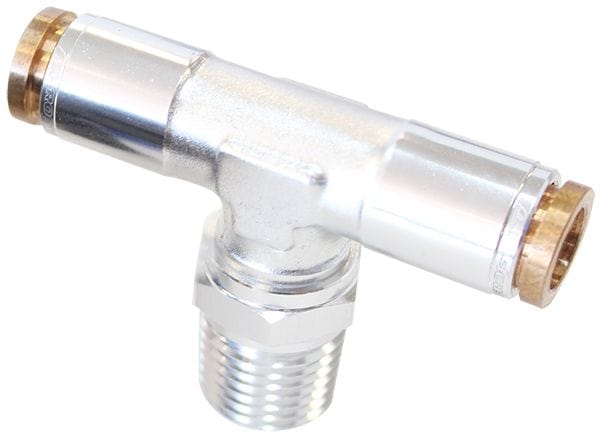 Aeroflow Performance Silver Finish. Suits 120 Series Nylon Hose Aeroflow 120 Series 1/4" NPT to 1/4" Push to Connect Tee Fitting AF124-04S SR