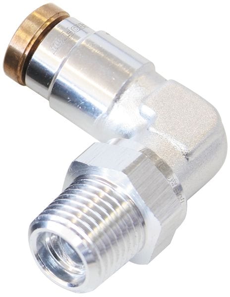 Aeroflow Performance Silver Finish. Suits 120 Series Nylon Hose Aeroflow 120 Series 90° 1/4" NPT to 1/4" Push to Connect Fitting AF123-04S SR