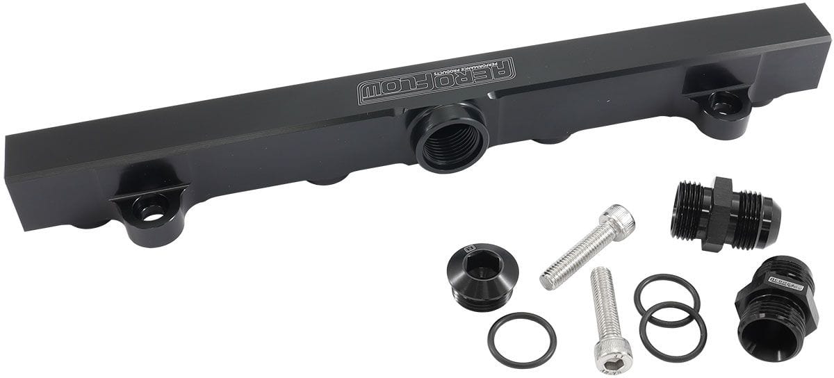 Aeroflow Performance Suit 14mm Full Length Fuel Injectors, -10ORB Ports Aeroflow Mitsubishi Evolution 4-9 4G63 Billet EFI Fuel Rails - Black AF64-2221BLK SR