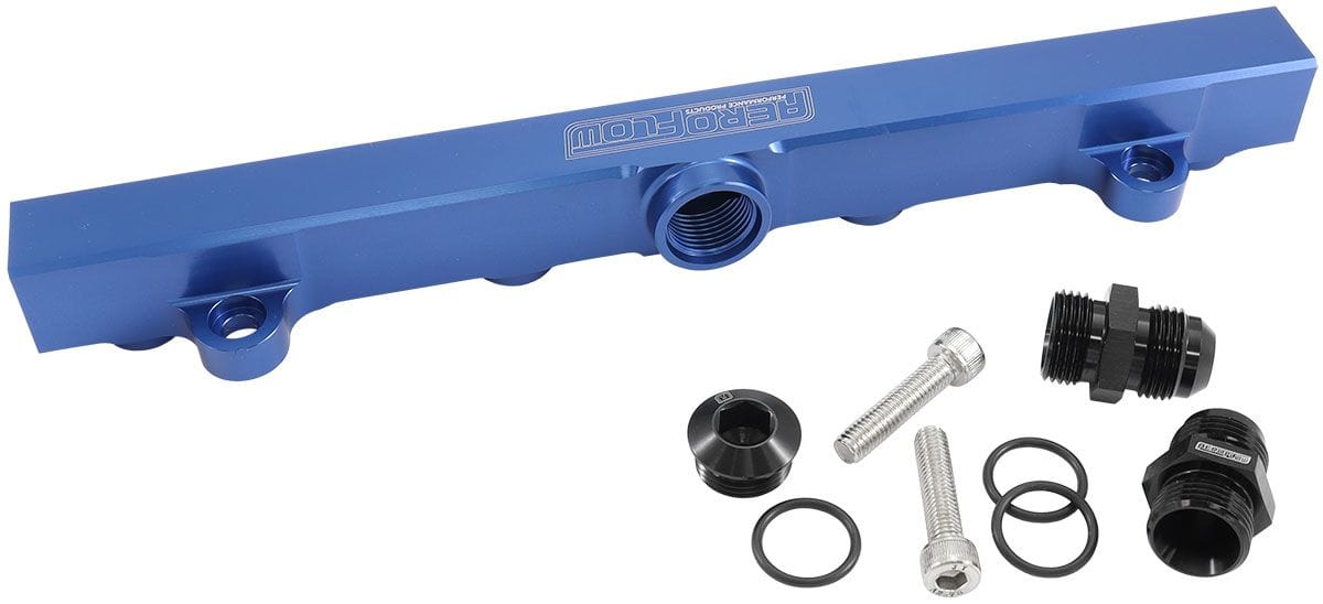 Aeroflow Performance Suit 14mm Full Length Fuel Injectors, -10ORB Ports Aeroflow Mitsubishi Evolution 4-9 4G63 Billet EFI Fuel Rails - Blue AF64-2221 SR