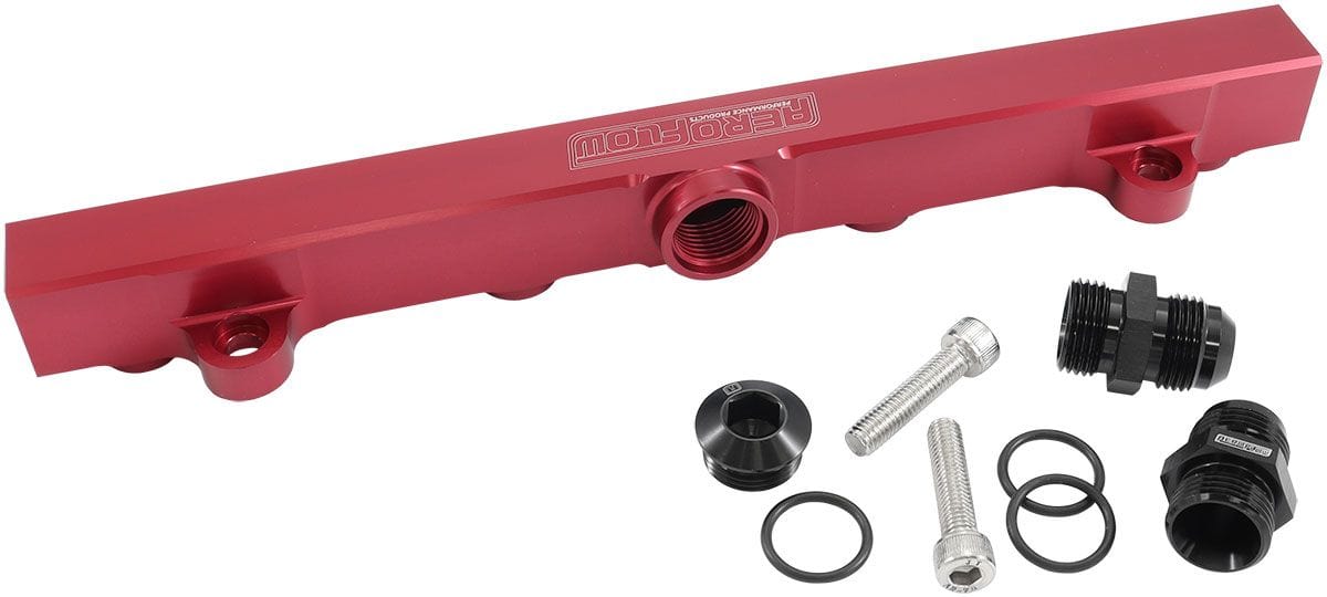 Aeroflow Performance Suit 14mm Full Length Fuel Injectors, -10ORB Ports Aeroflow Mitsubishi Evolution 4-9 4G63 Billet EFI Fuel Rails - Red AF64-2221R SR