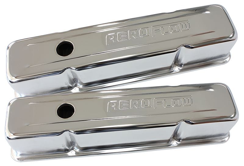 Aeroflow Performance Suit SB Overall Height - 3.7" Chev With Aeroflow Logo, Tall Aeroflow Chrome Steel Valve Covers AF1821-5000 SR