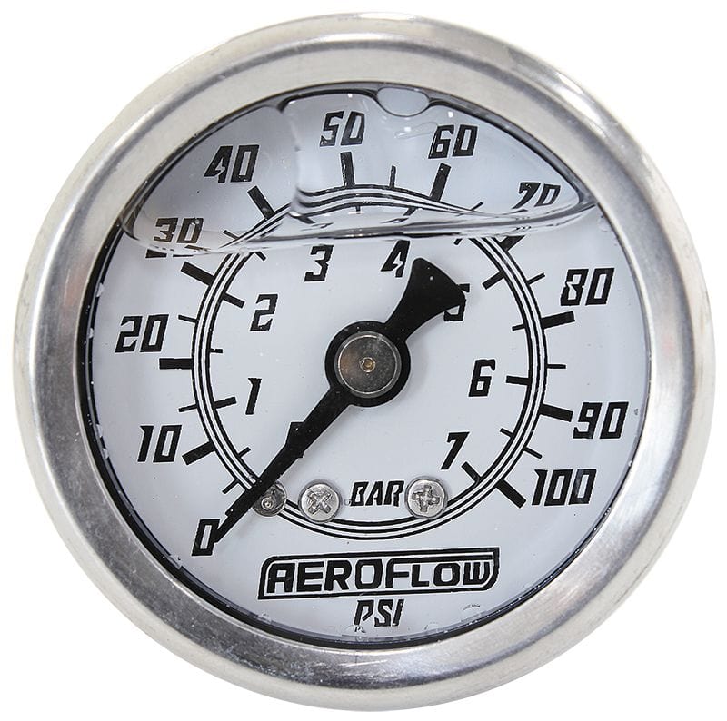 Aeroflow Performance White Face, Black Pointer, 1/8" NPT Male Thread Aeroflow 1-1/2" Liquid Filled 100 psi Pressure Gauge AF30-2203 SR