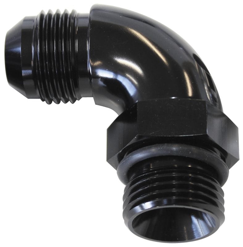 Aeroflow Performance With Jam Nut, Black Finish Aeroflow 90° ORB to Male AN Full Flow Adapter -8 ORB to -6AN AF903-06-08BLK SR