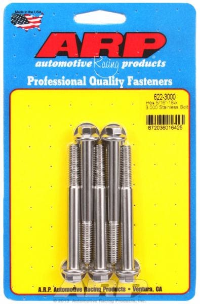 ARP 5/16" UNC x 3.000" UHL With 3/8" Socket ARP fasteners 5-Pack Bolt Kit, Hex Head S/S AR622-3000 SR