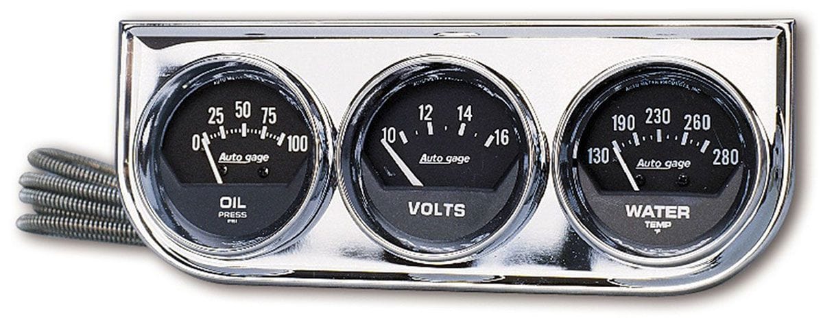 AUTOMETER 2-1/16", Mechanical, Oil Pressure, Water Temperature, Voltmeter, Chro Auto Meter Auto gage Three-Gauge Console AU2349 SR