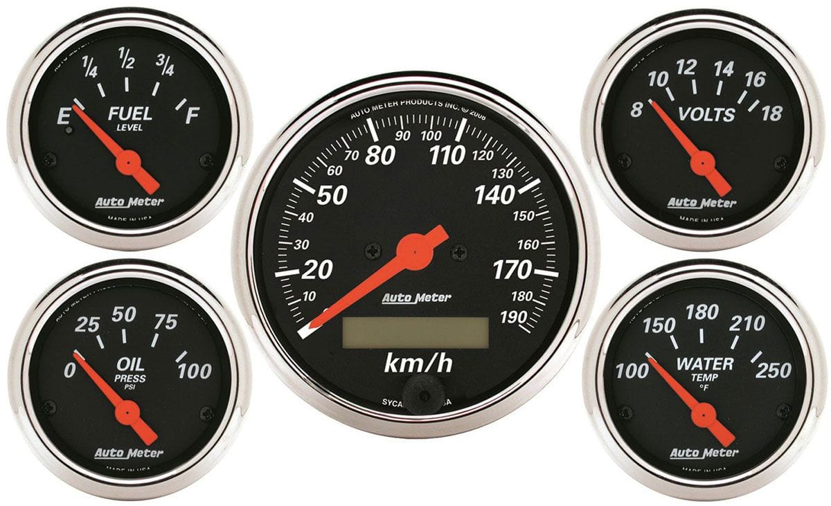 AUTOMETER 3-1/8" Metric Elect Speedo, 2-1/16"; Water Temp, Oil Press, Fuel Leve Auto Meter Designer Black Series 5 Gauge Kit AU1421-M SR