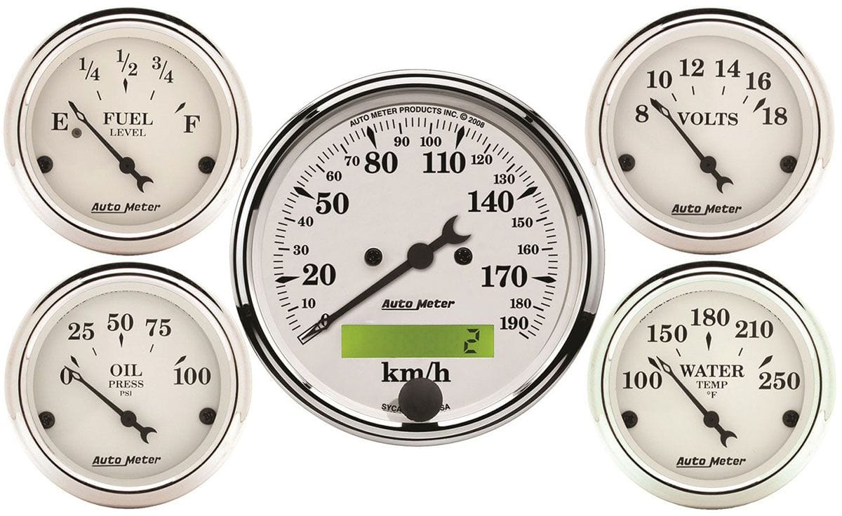 AUTOMETER 3-1/8" Metric Elect Speedo, 2-1/16"; Water Temp, Oil Press, Fuel Leve Auto Meter Old Tyme White 5 Gauge Kit AU1602-M SR