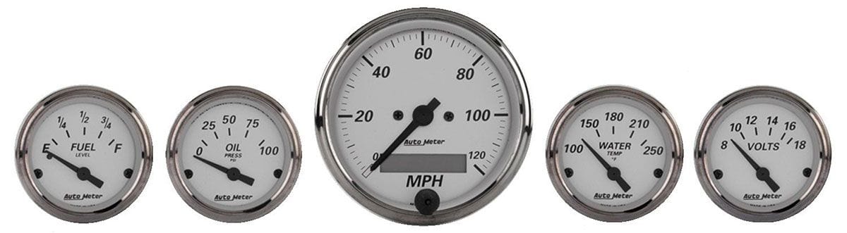 AUTOMETER Electric Speedometer, Fuel Level, Water Temperature, Oil Pressure, Vo Auto Meter American Platinum Series 5-Gauge Kit AU1902 SR