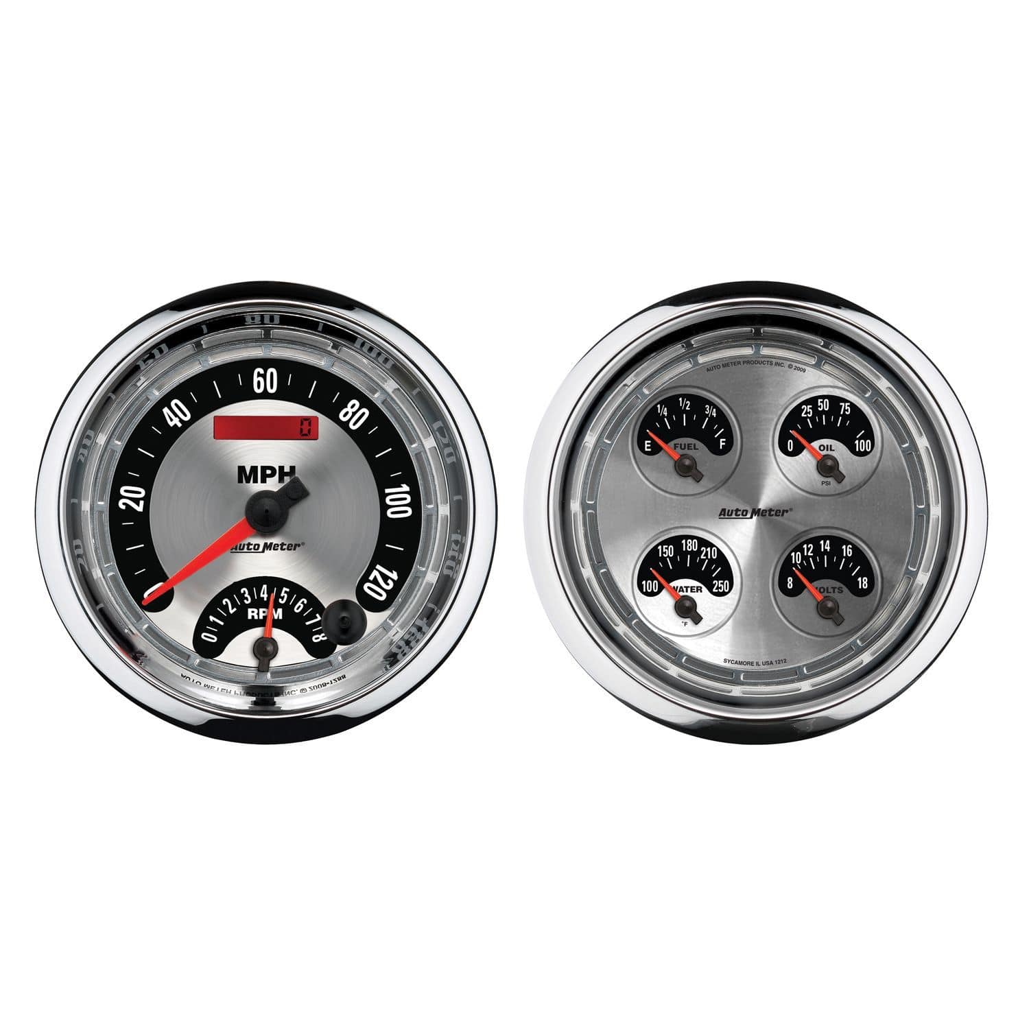 AUTOMETER Speedometer, Tachometer, Fuel Level, Water Temperature, Oil Pressure, Auto Meter American Muscle 5" Quad Gauge & Tach/Speedo Combo Kit AU1205 SR