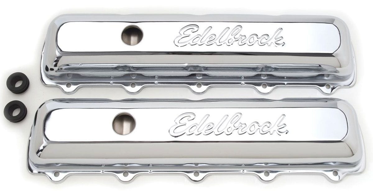 EDELBROCK Oldsmobile 350-455 V8 (fits 5 and 10-hole heads), 2.9" overall height Edelbrock Signature Series Chrome Valve Covers ED4485 SR