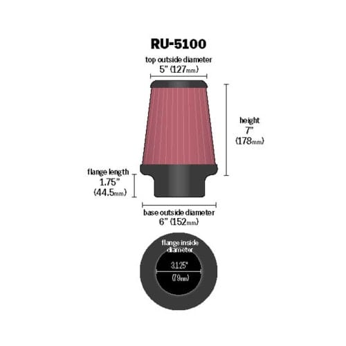 K&N 7 in (178 mm) H x 6 in (152 mm) Base OD x 5 in (127 mm) Top K&N K&N Universal Clamp On Filter Fits 3.125 in (79 mm) KNRU-5100 SR